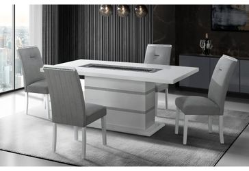 Elegant high gloss white finish dining set with a clear glass inlay to round off the look