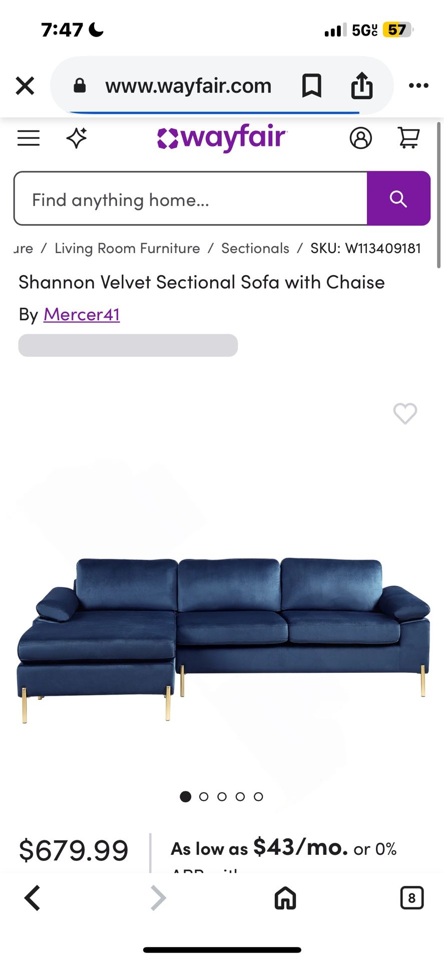 Velvet Blue Sectional (Free Delivery)