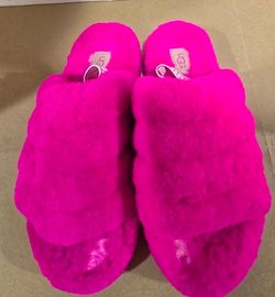 UGG Womens Fluff Yeah Slides "Rock Rose" Pink Slipper Hot Pink w/Large Straps
