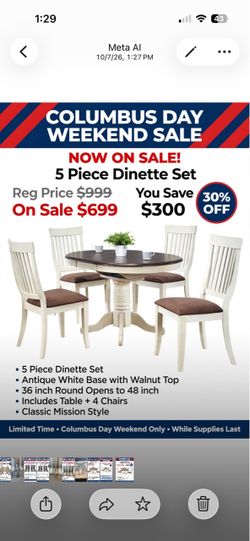 5 Piece Dinette Set – Table and 4 Chairs solid wood reg $999 Columbus Day weekend sale $699