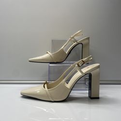 Price Negotiable -ZARA Slingback Block Heel Pumps Women US 8.5 Cream Faux Leather Ankle Strap