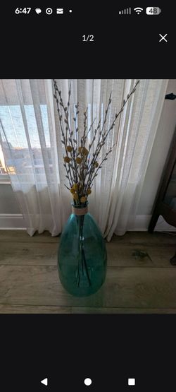 Large Teal Glass Vase with Rope Detail
