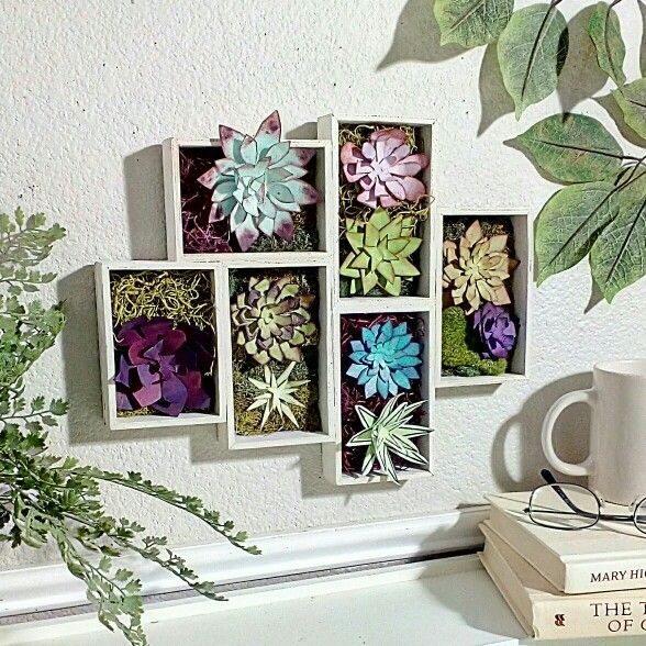 Artisan Watercolored Paper Succulents In Shadow Box Frame 13" x 10" - cactus cacti fake plants faux plants flowers - PORCH PICKUP ONLY , CASH ONLY 
