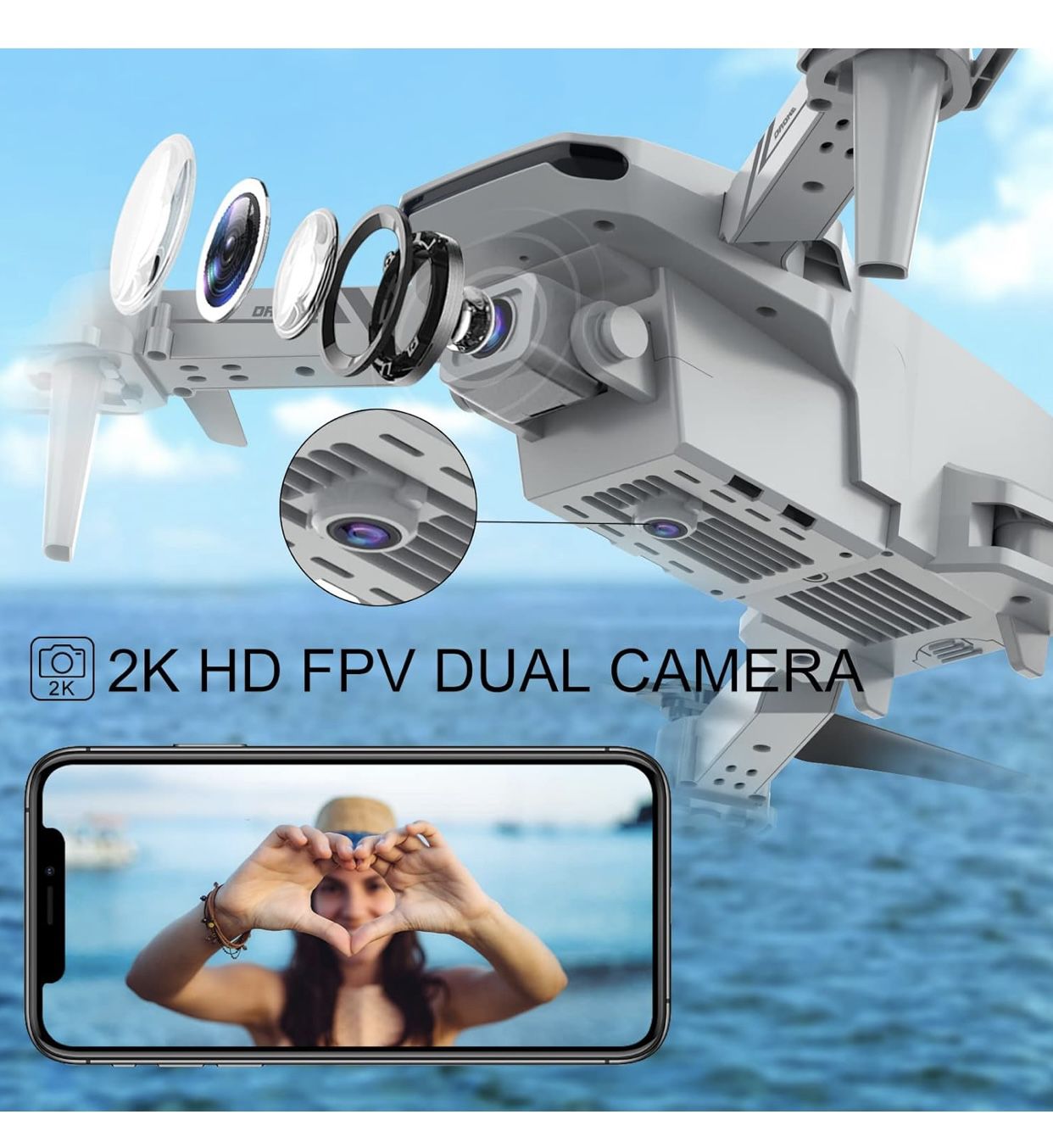 2K HD FPV Dual Camera for Adults and Kids, Mini RC Drone with 3D Flips/Altitude Hold/Headless Mode/Gesture Selfie/Waypoint Flight, 2 Batteries and Cas