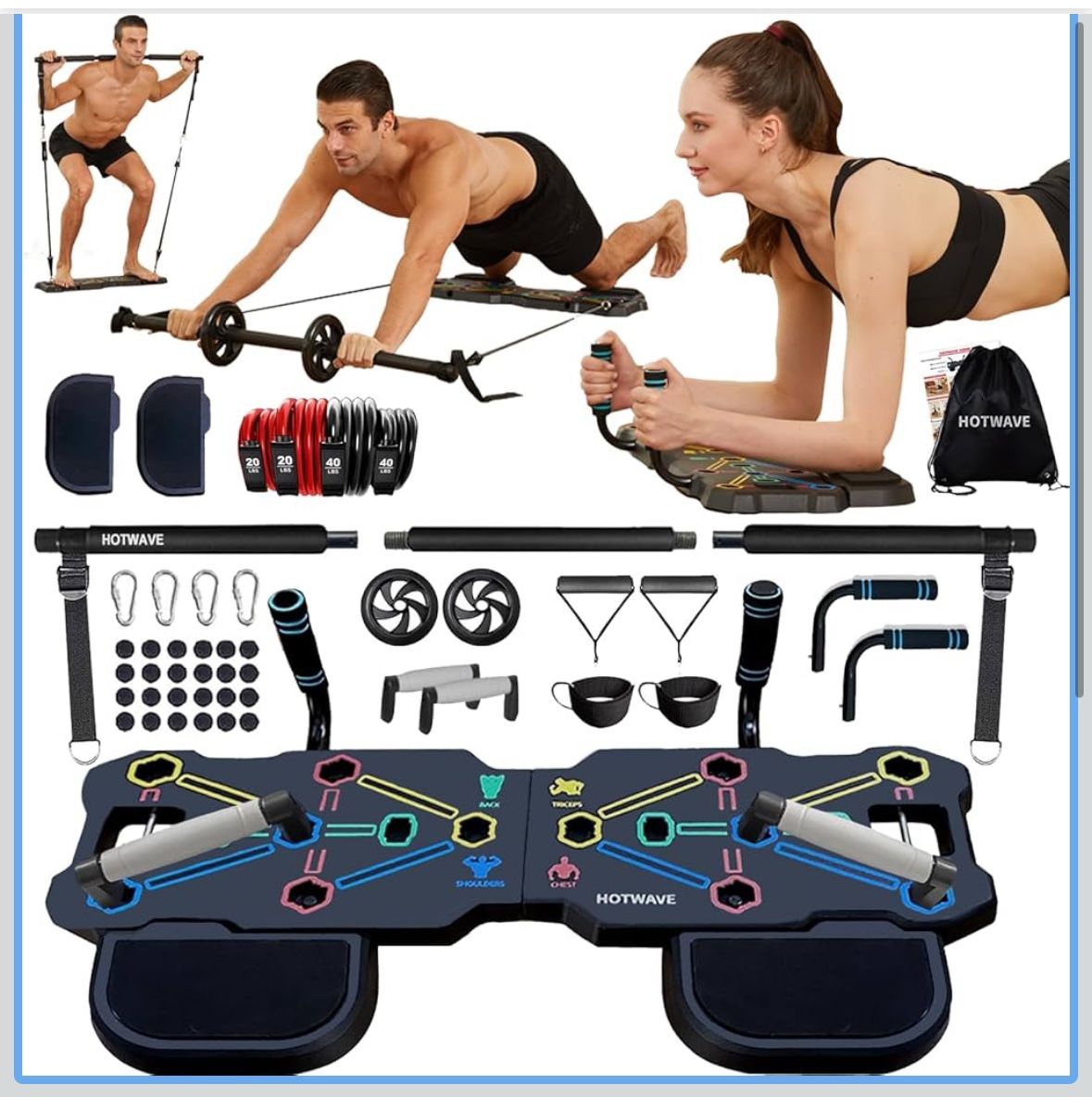 Portable Workout Equipment with 20 Gym Accessories.Push Up Board &Plank,Resistance Band with Ab Roller Wheel,Exercise at Home For Men and Women