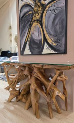 New Solid Teak Root Glass Top Console Table! Bring the outside in with this one-of-a-kind table!