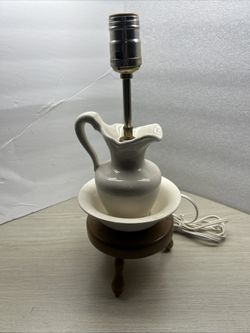 Vintage White Ceramic Water Basin Wooden Stool Base Accent Lamp 13”