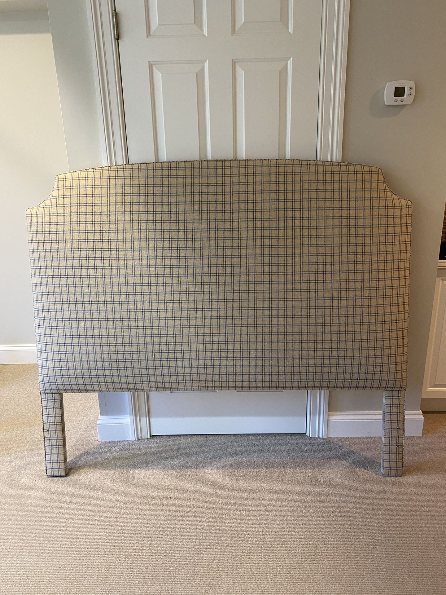Gorgeous Custom Linen Navy and Neutral Beige Plaid Upholstered Headboard for Full/Double  Size Bed