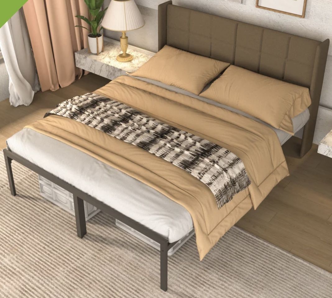 Full Size (Grey) Nefoso gMetal Platform Bed Frame with Upholstered Headboard - Delivery Available