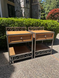 Set of Two Pier 1 Ratan Boho Bedside Tables