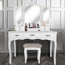 B53-Vintage Vanity Desk with Mirror and Lights, Tri-Folding Mirrors, 6 Organization 7 Drawers Makeup Dress Vanity Table with Cushioned Stool-White