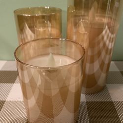 Set Of 3 Bronze Colored Glass Candles, Battery Operated So Candle Flame Moves Back & Forth, Pearl Finish, Can Be Used As Decor 