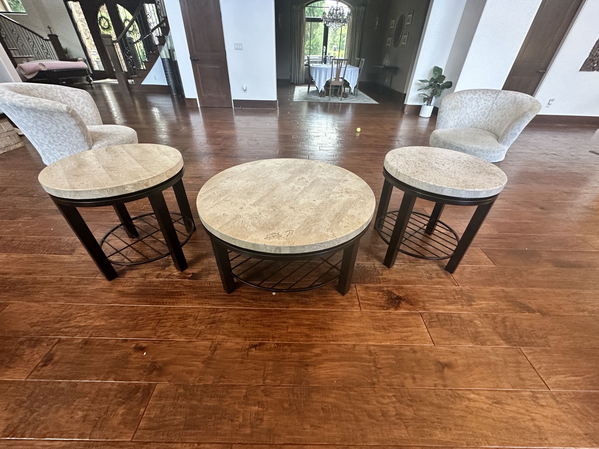 Stone Top Round Coffee Table And 2 End Tables