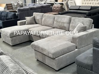 NEW Large U Shape Sectional Sofa with DOUBLE Chaise Twin Left and Right Chaise Light Grey Fabric Ashley Style BIG Couch Clearance SALE Discount Gray