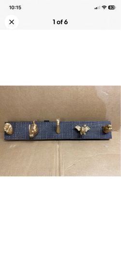 Wooden 5 Piece Gold Wild Animal Heads Coat Hat Hooks Hanging Rack 24” x 4”