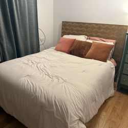 Queen Bed - Mattress, Wood Headboard, Wood Base & Wood Nightstand