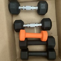 Pairs of 10 lbs and 8 lbs dumbbells and one 5 lbs.