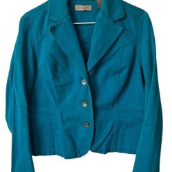 i.e. relaxed Women Size Large Jacket. Buttons. Unlined Teal Blue Pockets  Comes from a pet and smoke free home.  Measurements are in the pictures.  Th