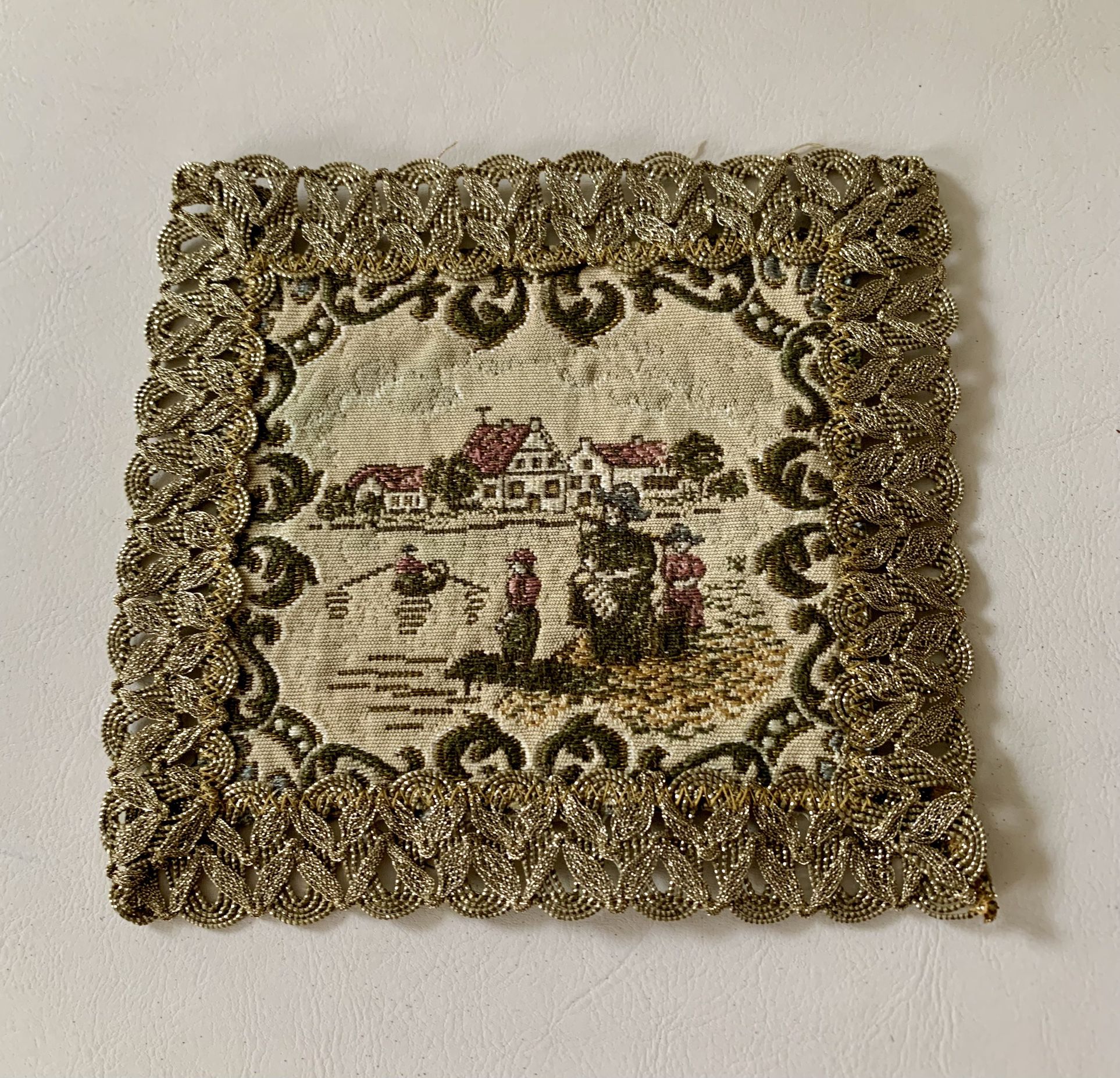 Antique square floral table doilies gold trim embroidered
