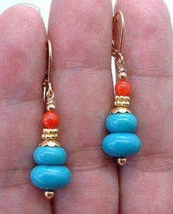 925 Sterling Silver, Handmade Lovely Blue Turquoise & Orange Coral Gold PLT, Earrings