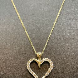 10 K Gold Chain With Diamond Heart Pendant. New
