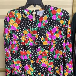 VTG Argenti  Black Floral & Polka Dot 100% Pure Silk Dress Size 18