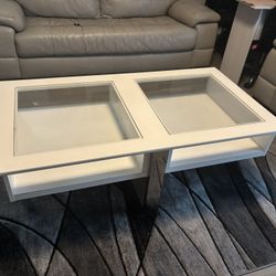 white glass coffee and side table.