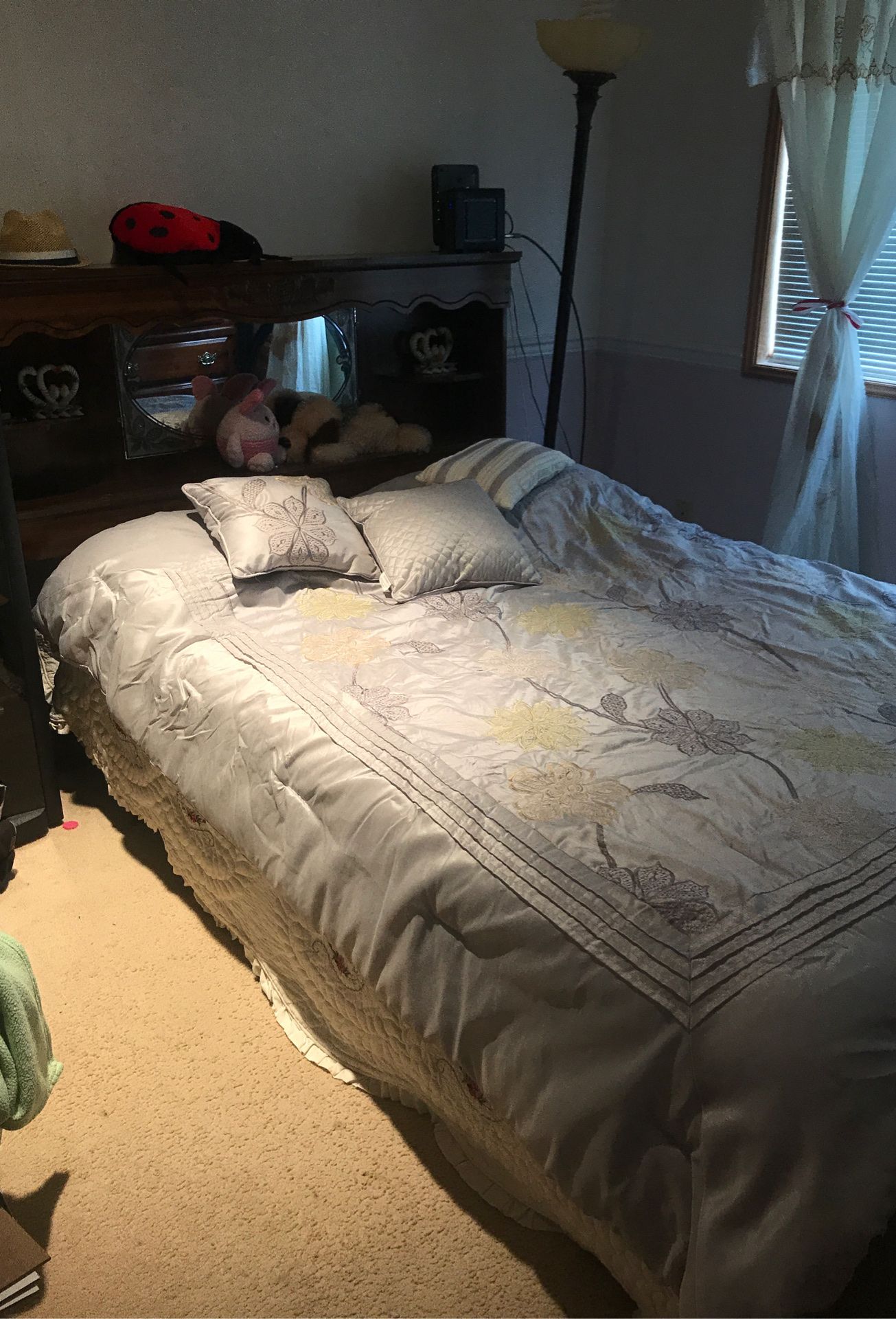 Queen bed, mattress, and head frame