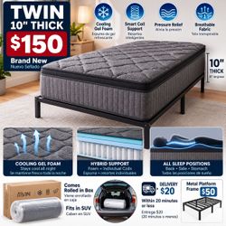 BRAND NEW Twin 10" Cooling Gel Hybrid Mattress – $150 | Colchón Nuevo