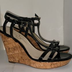 Jessica Simpson women jardina Black Cork Wedges Open Toe Ankle straps heels Size 6.5
