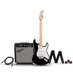 Fender Squier Stratocaster Electric Guitar Pack, Black, Frontman 10G Amplifier