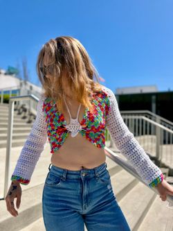 Handmade Crochet Rainbow Butterfly Long Sleeve Top | Rainbow & White | Size Medium