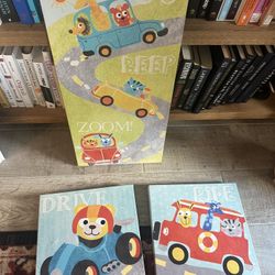 Kids Nursery Wall Art Canvas Set of 3 Animal Car Prints