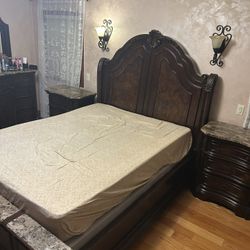 Wood Marble Queen Bed With Two Cabinets