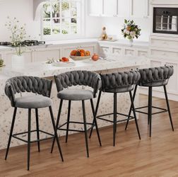 30" Metal Bar Stools Counter Height Barstools Set of 4 Modern Bar Chairs with Woven Back (Light Grey)