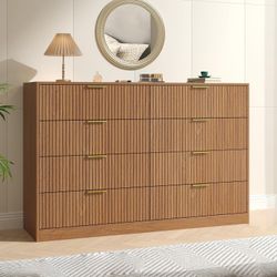 Fluted Dresser for Bedroom with 8 Drawer, 55” Wide Wooden Dresser Mid Century Chest of Drawers w/Gold Handle, Fluted Dressers TV Stand Closet Storage 