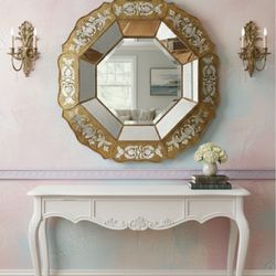 Vintage Etched Beveled Hexagonal Mirror | Venetian Style | Large 40” Statement Wall Mirror