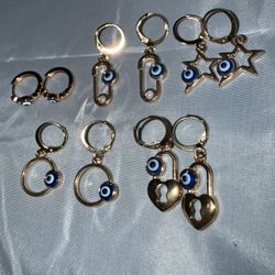 Set of 5 Gold Tone Evil Eye Charm Hoop Earrings