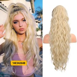 26" Cool Blonde Curly Wavy Ponytail Extension Synthetic Hair #14E342648