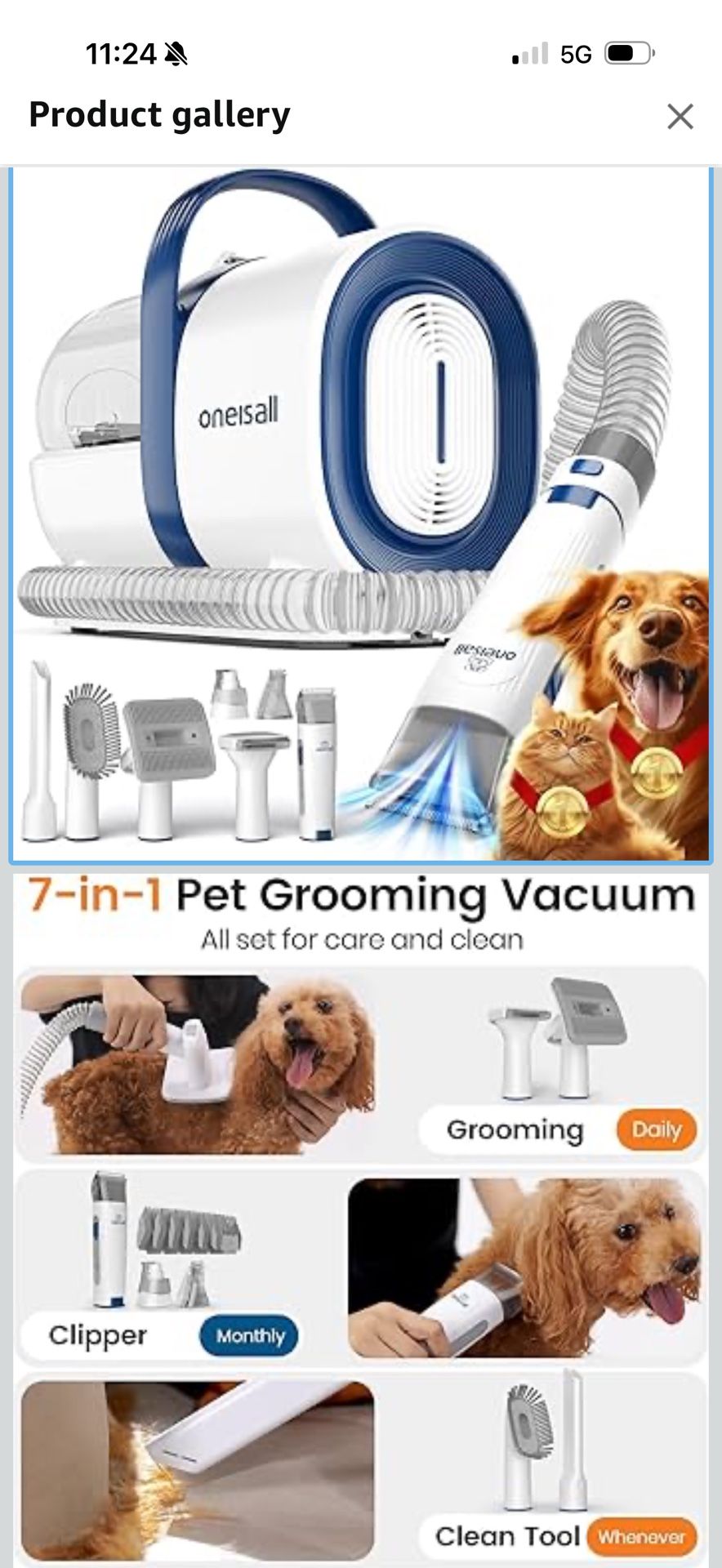 oneisall Dog Grooming Vacuum, Pet Grooming Vacuum with Clipper Nail Grinder, 1.5L Dust Cup Dog deshedding Vacuum Brush with 7 Pet Grooming Tools for S