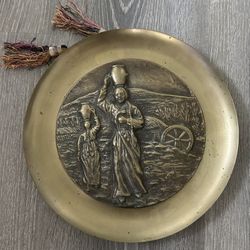 Antique Brass 3D Plate Embossed Village Woman with Water Jug