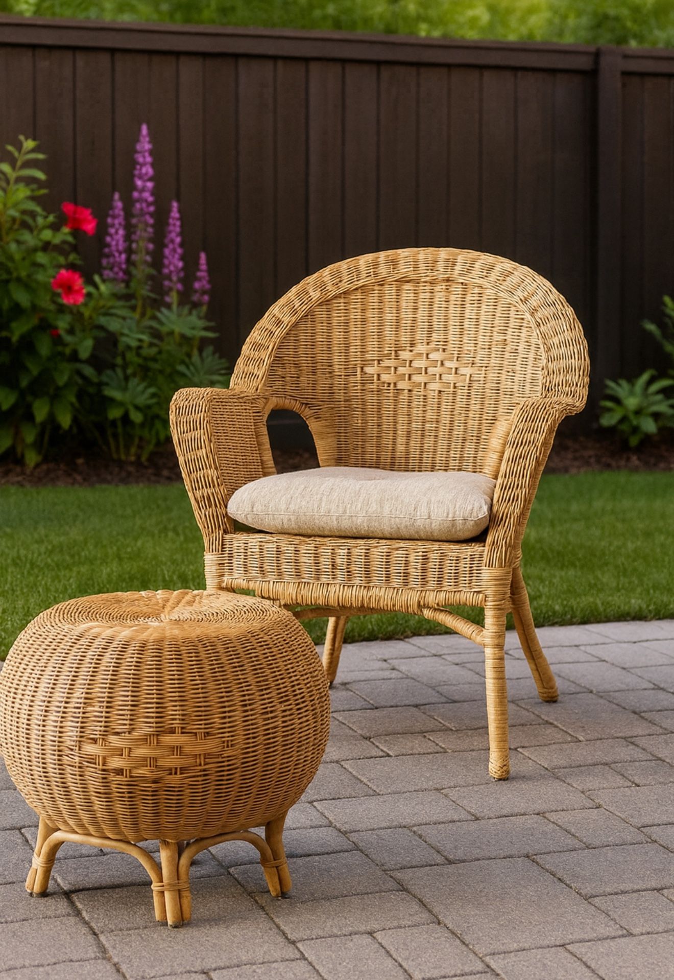 Beautiful Wicker Chair + Ottoman Set