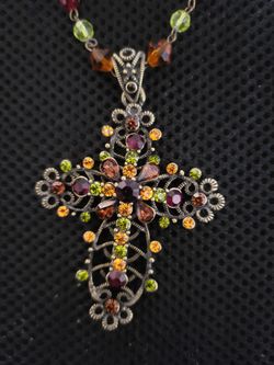 Excellent Condition Oversize Solid Brass Crucifix Pendant With Crystal Rosary Style Necklace Featuring A Lobster Clasp! Multicolored Created Stones