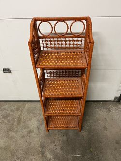 Vintage Wicker Rattan Folding Bookcase Four Shelf Unit Boho Decor Plants Display