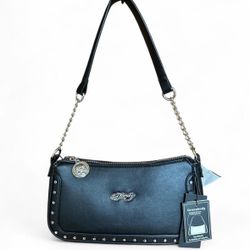 Ed Hardy Shoulder Bag with Silver Studs and Crossbody Strap, black 