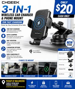 CHGEEK Wireless Car Charger & Phone Mount – 15W Fast Charging – $20