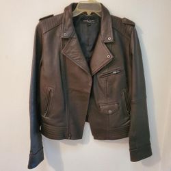 Black Rivet Brown 100% Leather Moto Jacket Women M Vintage 90s Biker