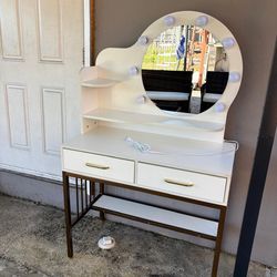 Vanity desk with mirror , lights and chair