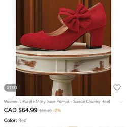 Women's Red Mary Jane Pumps - Suede Chunky Heel