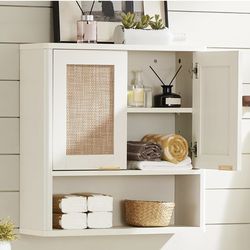 Rattan Bathroom Wall Cabinet, Boho Medicine Cabinet with Adjustable Shelve & Doors, Over The Toilet Storage Cabinets Organizer for Laundry Room, Kitch